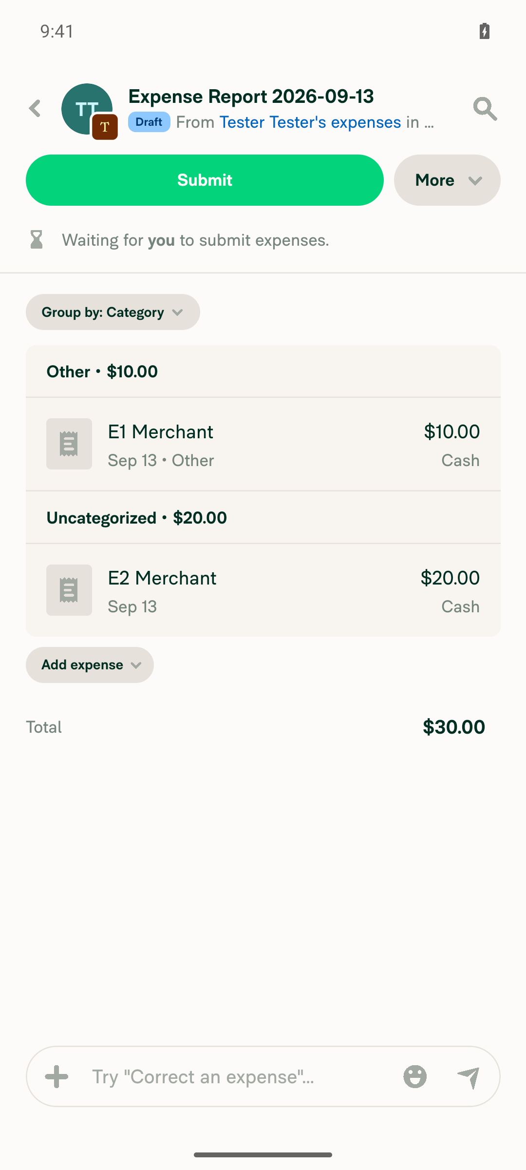 Report table view with E1 Merchant $10.00 and E2 Merchant $20.00 rows, Total $30.00