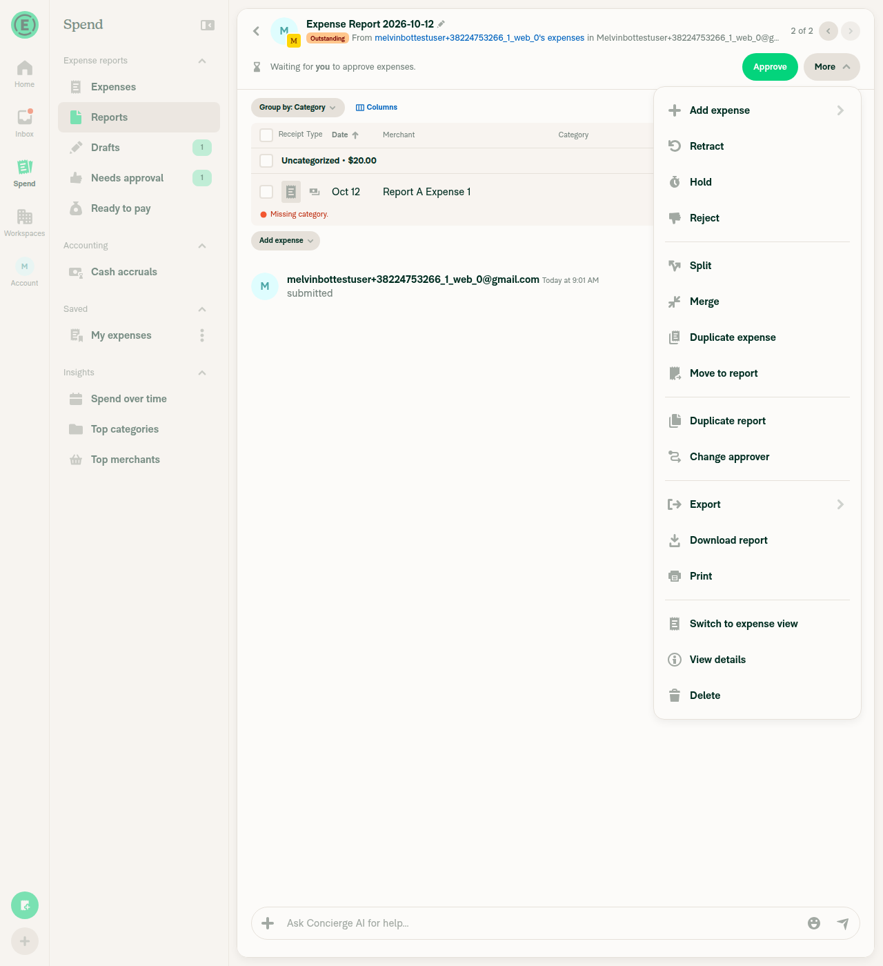 More menu with Switch to expense view option