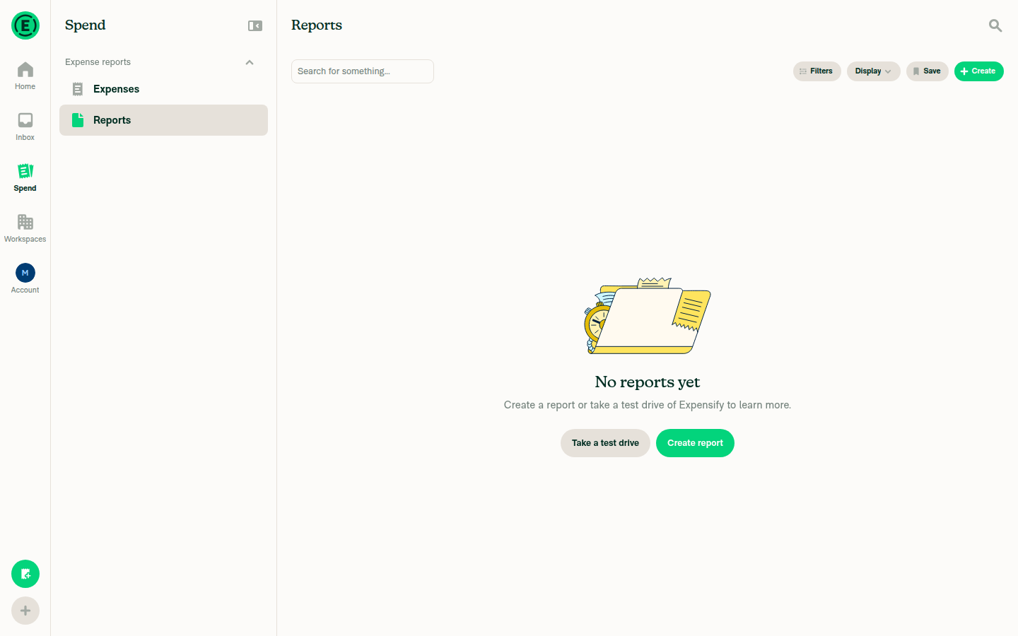 Spend > Reports page with 'No reports yet' empty state