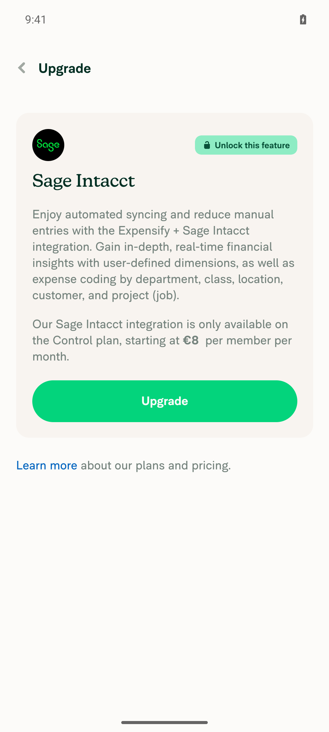 Sage Intacct Connect blocked by the Control-plan paywall