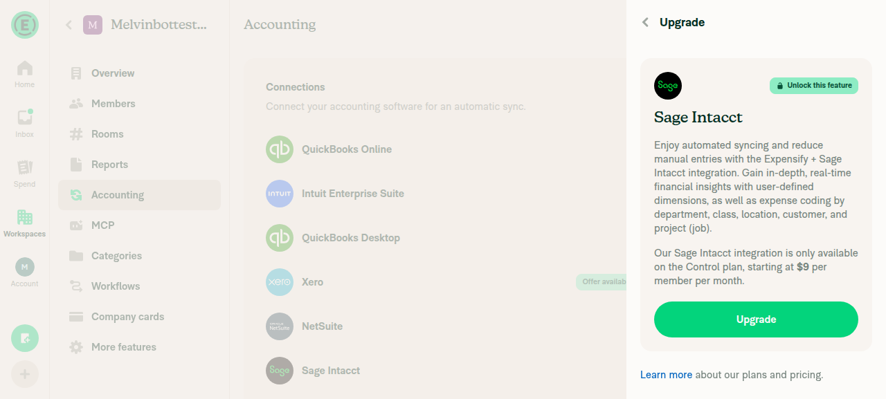 Sage Intacct connect blocked by Control-plan Upgrade paywall