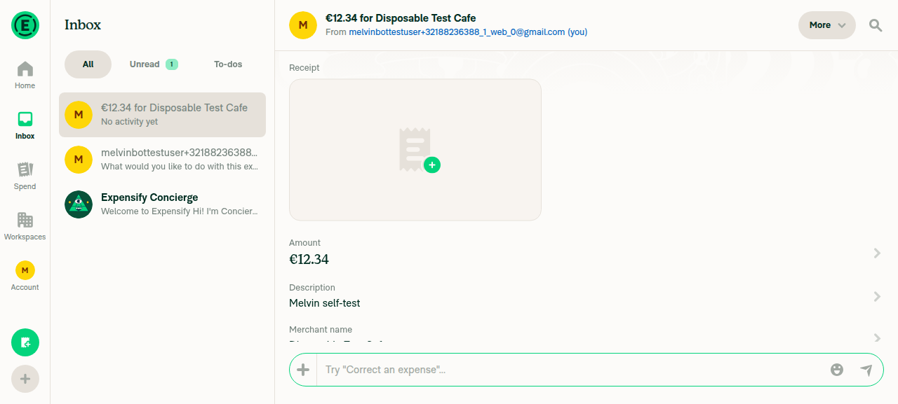 Saved expense detail view showing Merchant name label and value after creation
