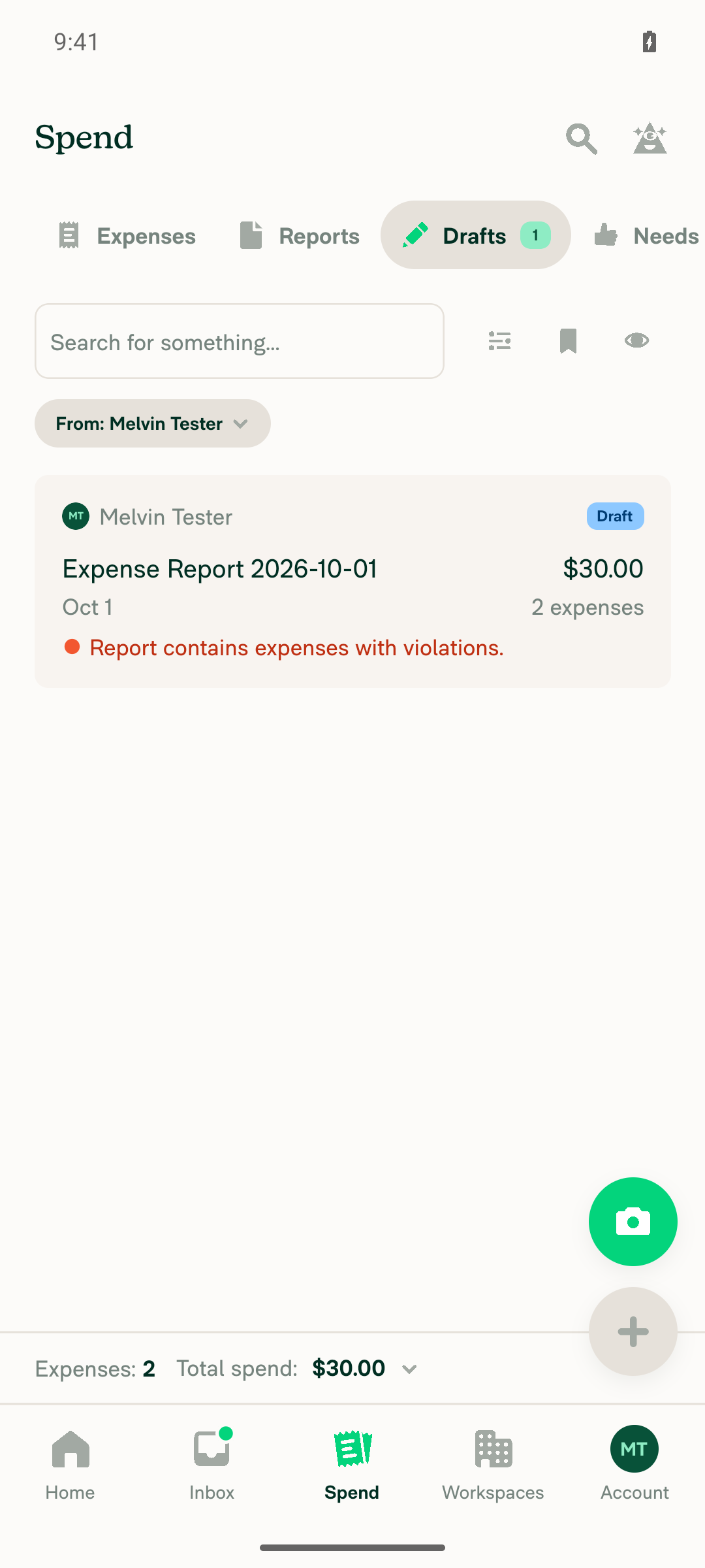 Search Drafts listing the 2 draft expenses
