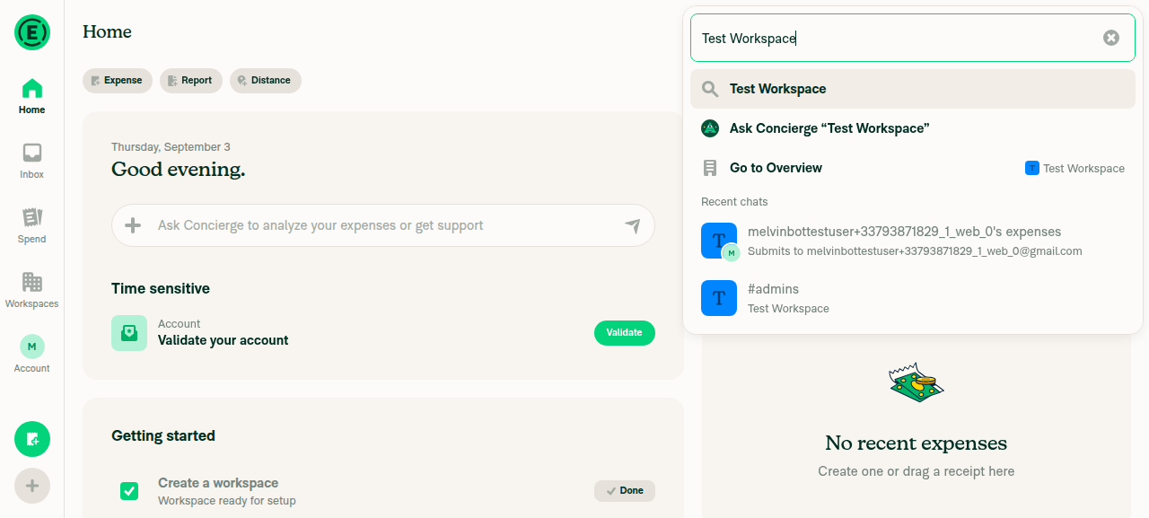 Search suggestions for workspace name including Go to Overview row