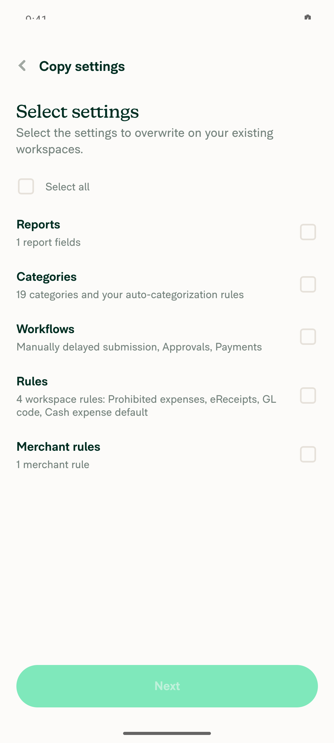 Select settings step