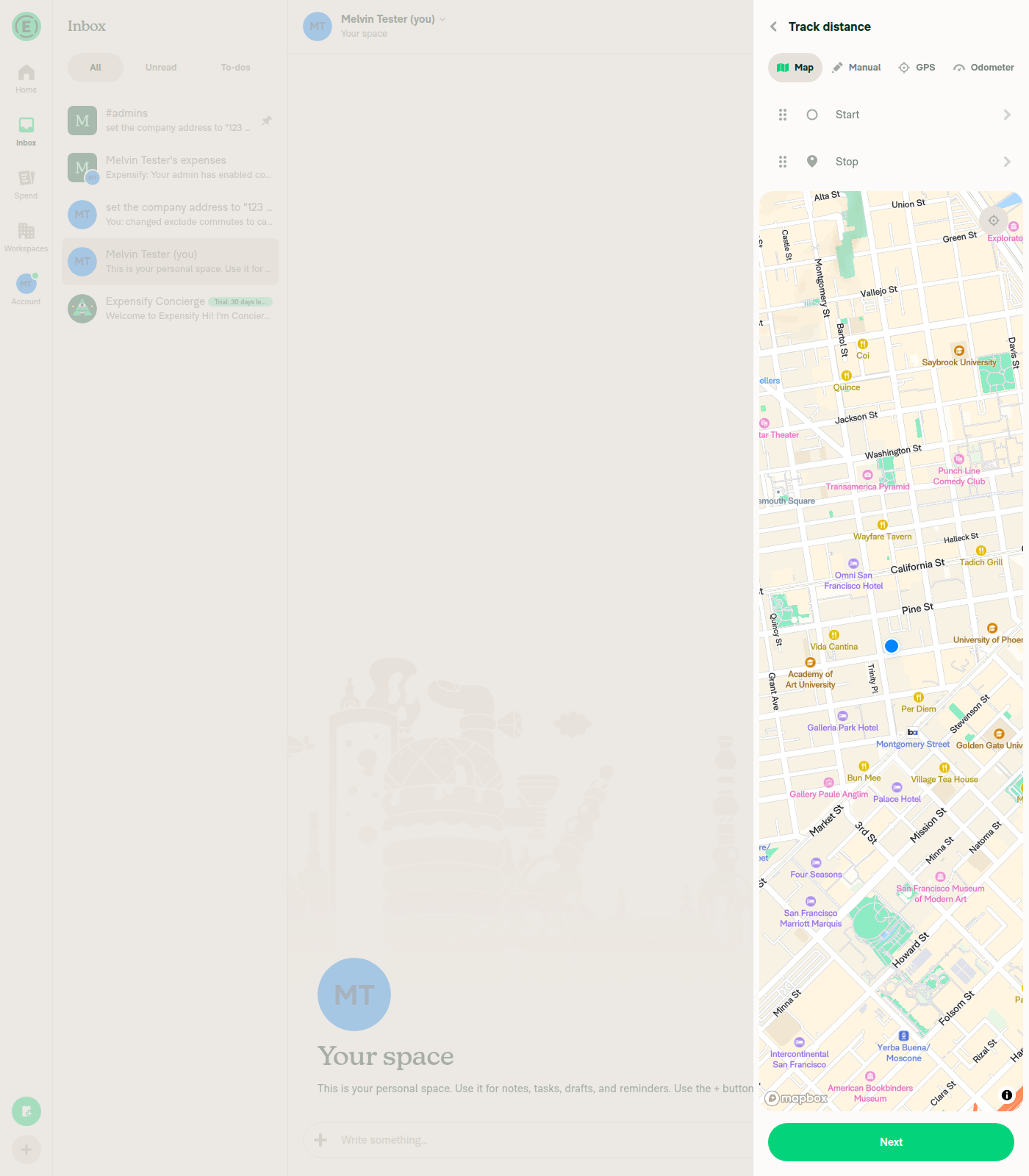 Track distance flow open on the Map tab inside the Self-DM (Your space)