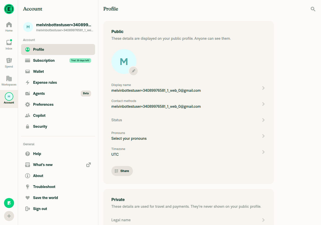 Account Profile settings: two-line menu items with 13px descriptions above 15px titles