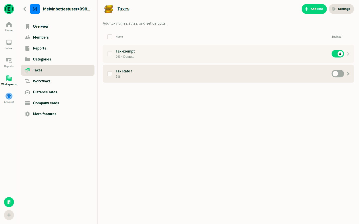 Taxes page after disabling Tax Rate 1