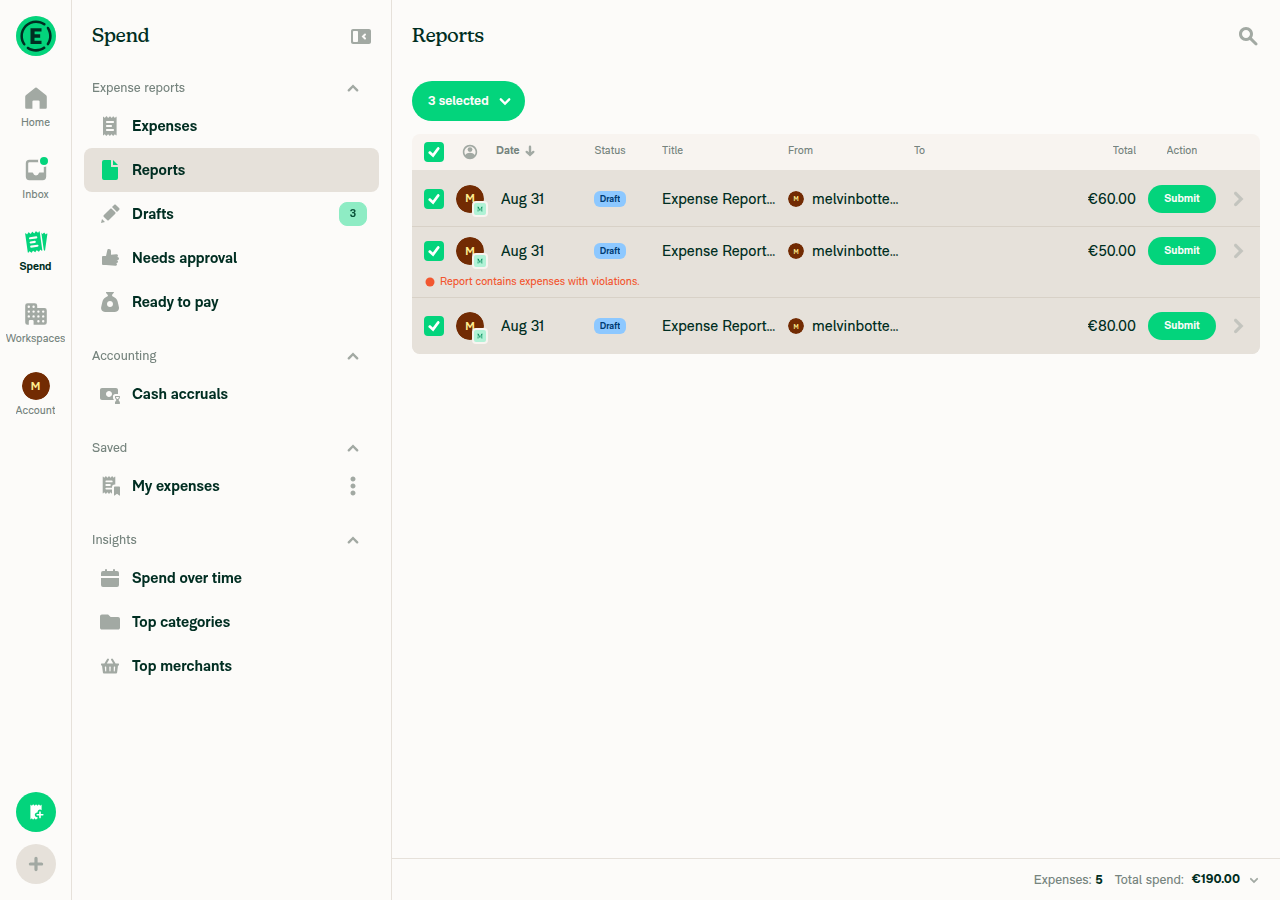 3 reports selected with bulk-action header