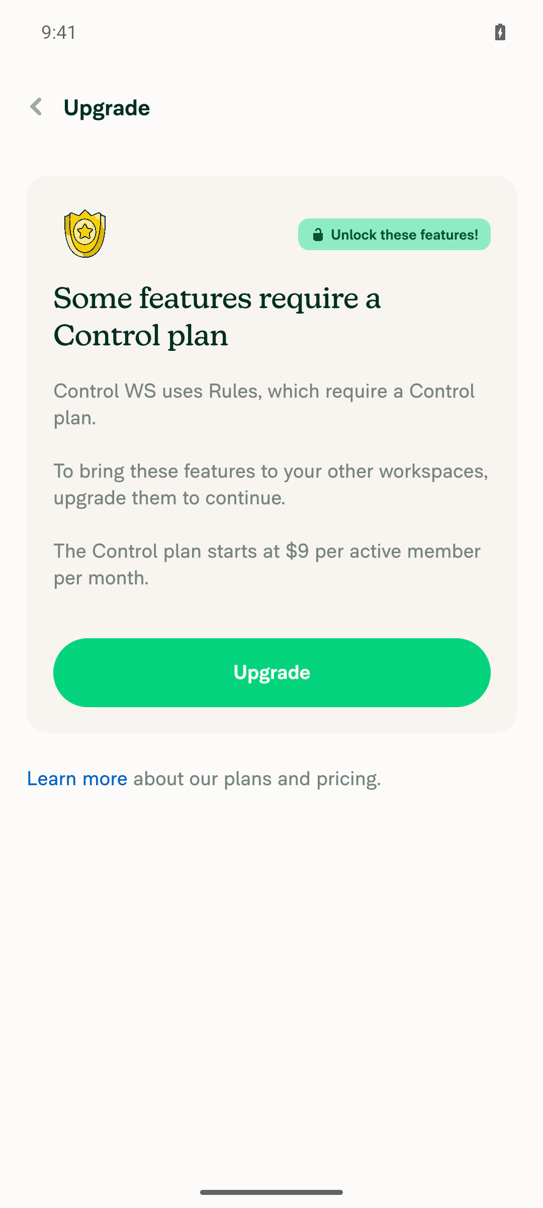 Upgrade step: Some features require a Control plan, Control WS uses Rules