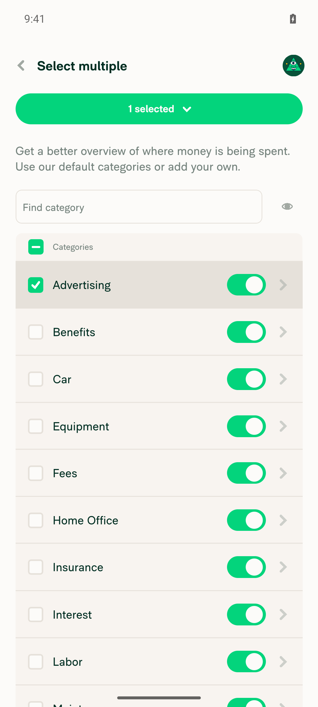 Selection-mode list showing per-row checkboxes