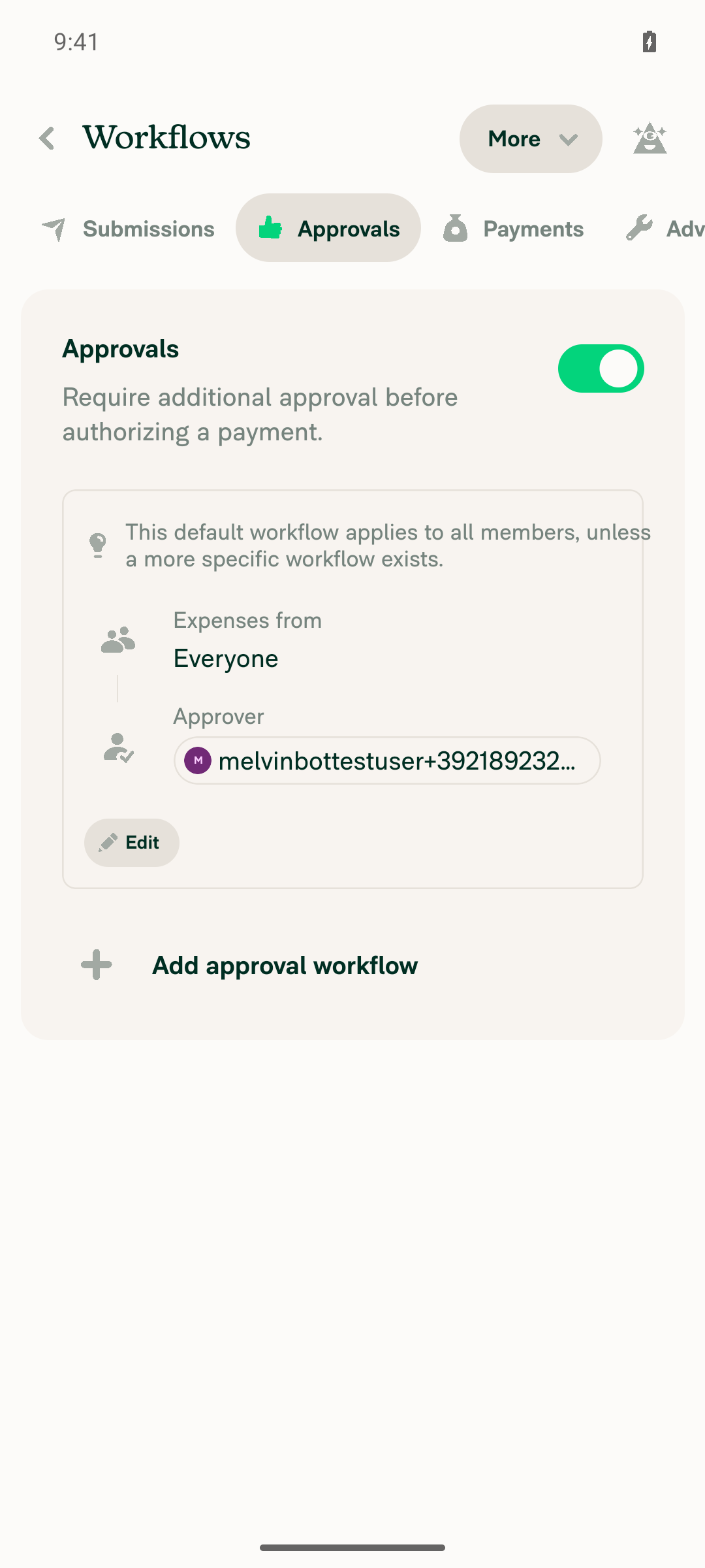 Workflows Approvals tab showing default approver settings