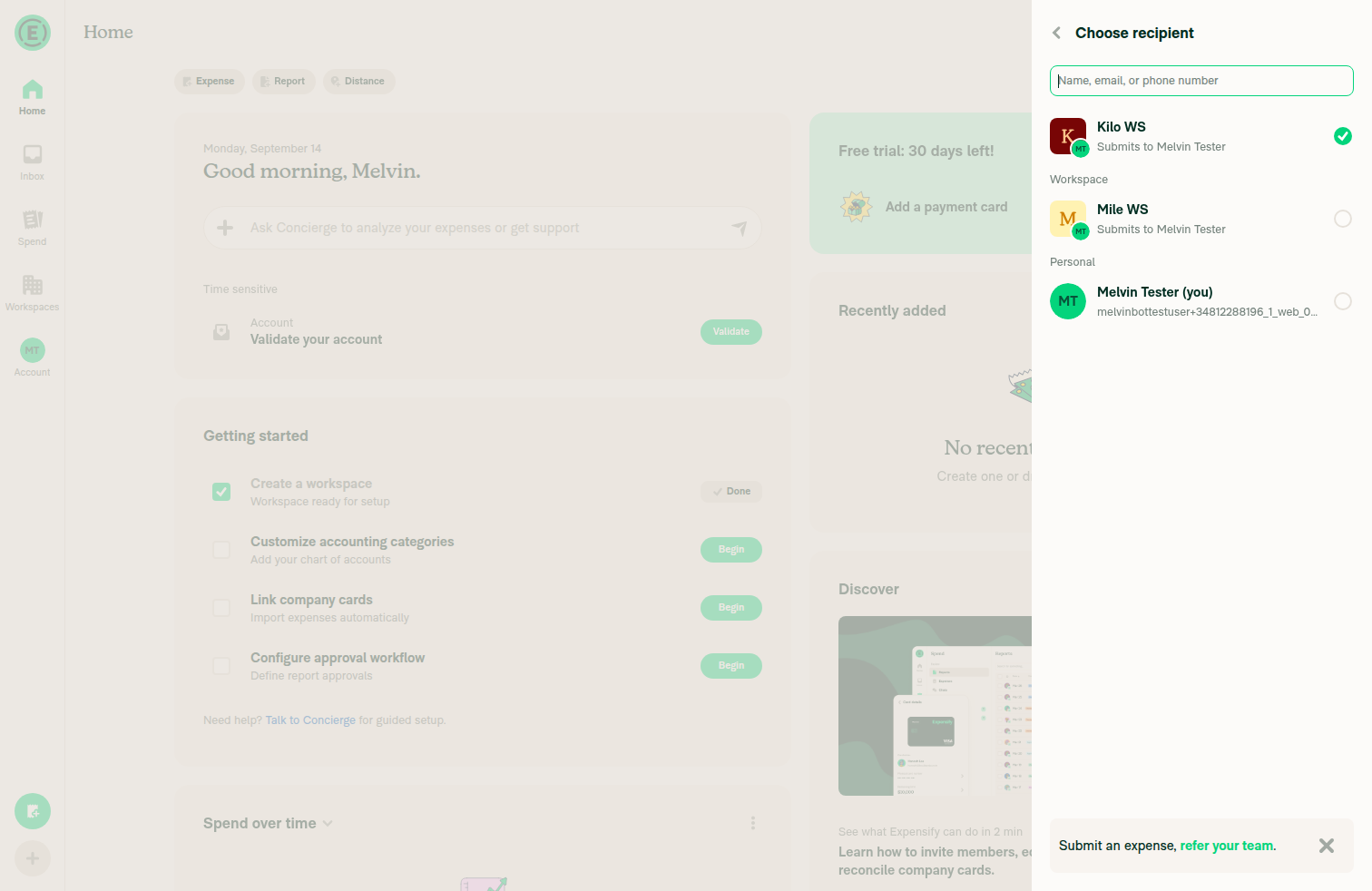 Choose recipient dialog listing Kilo WS and Mile WS