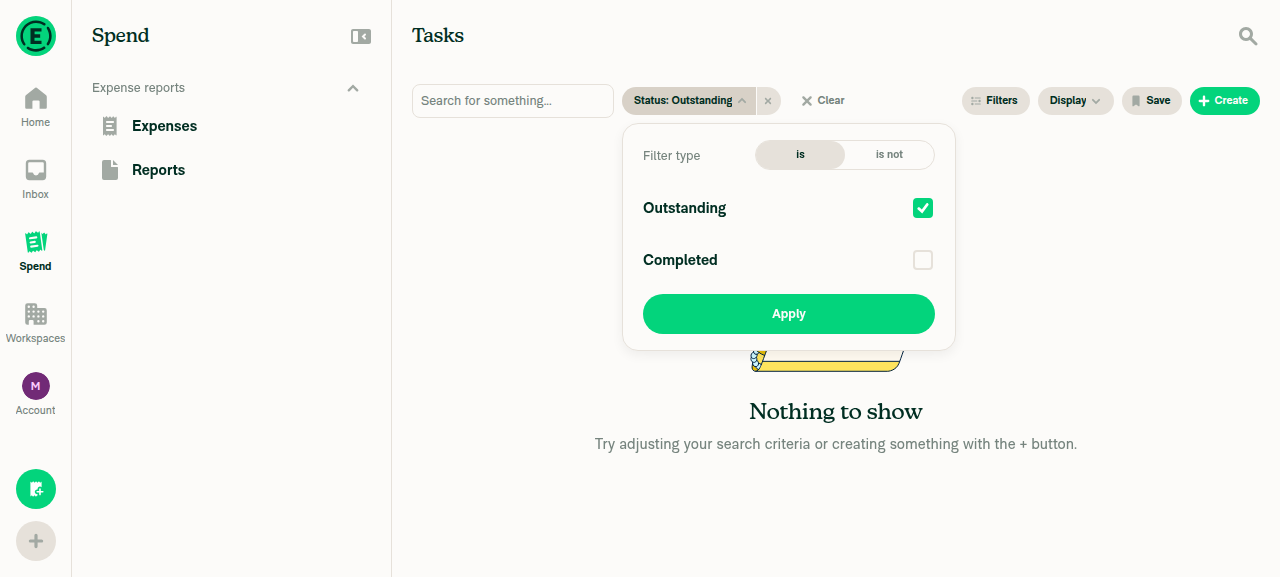 Status filter dropdown with Outstanding checked and Completed unchecked, before switching