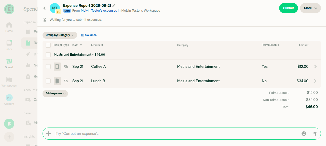 Destination report detail listing both moved expenses, no error