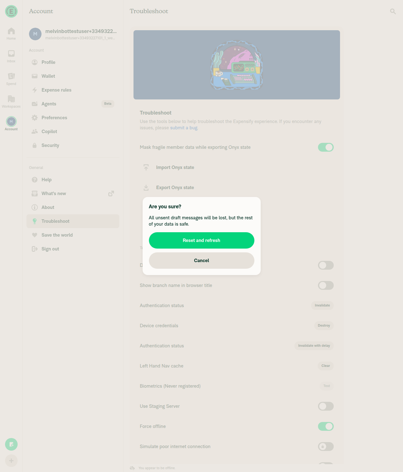 Reset-and-refresh confirmation while Force offline is ON