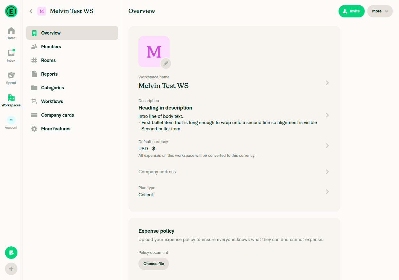 Workspace Overview: description-only menu items at 15px next to title+description items at 13px