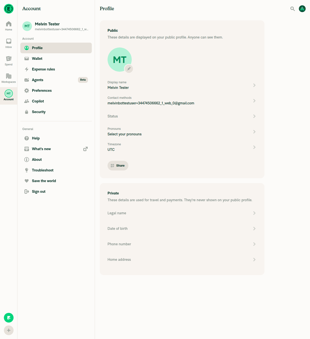 Account > Profile page showing Public and Private section headers