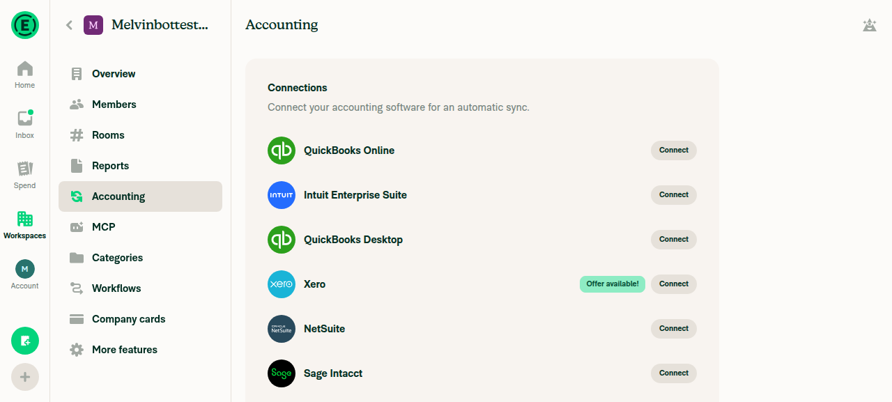 Accounting page after returning from the blocked Sage Intacct attempt, no error state