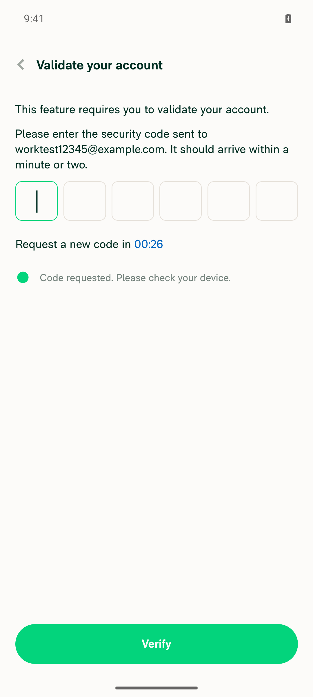 Validate your account magic-code screen shown instead of the Add work email page
