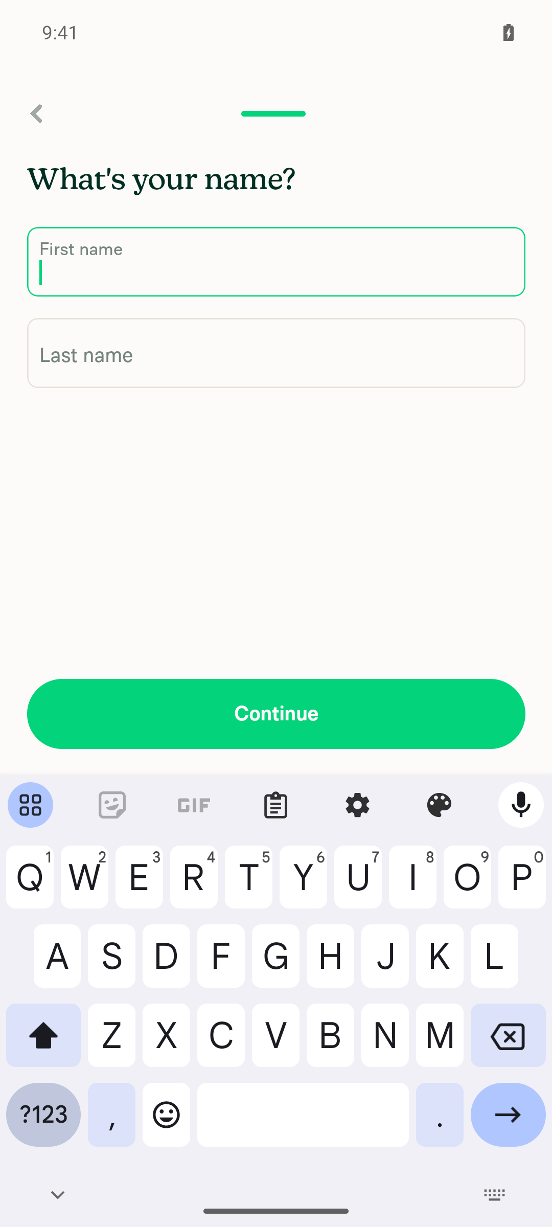 Name entry screen during onboarding