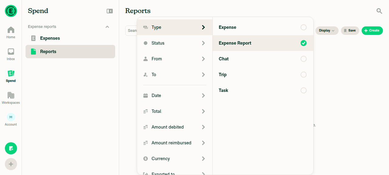Filters panel Expense reports with Amount debited/reimbursed near Total