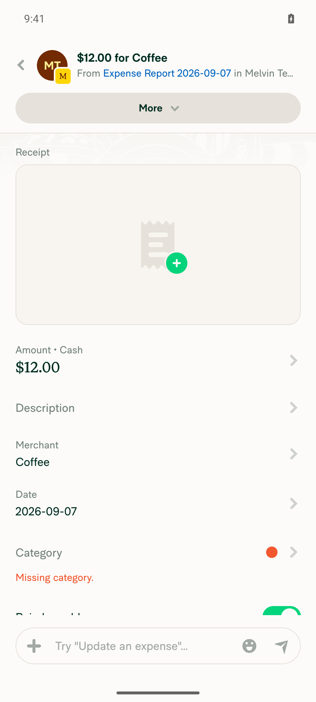 Tapping the bottom row Coffee opens the expense detail screen, not a Category picker above the cell