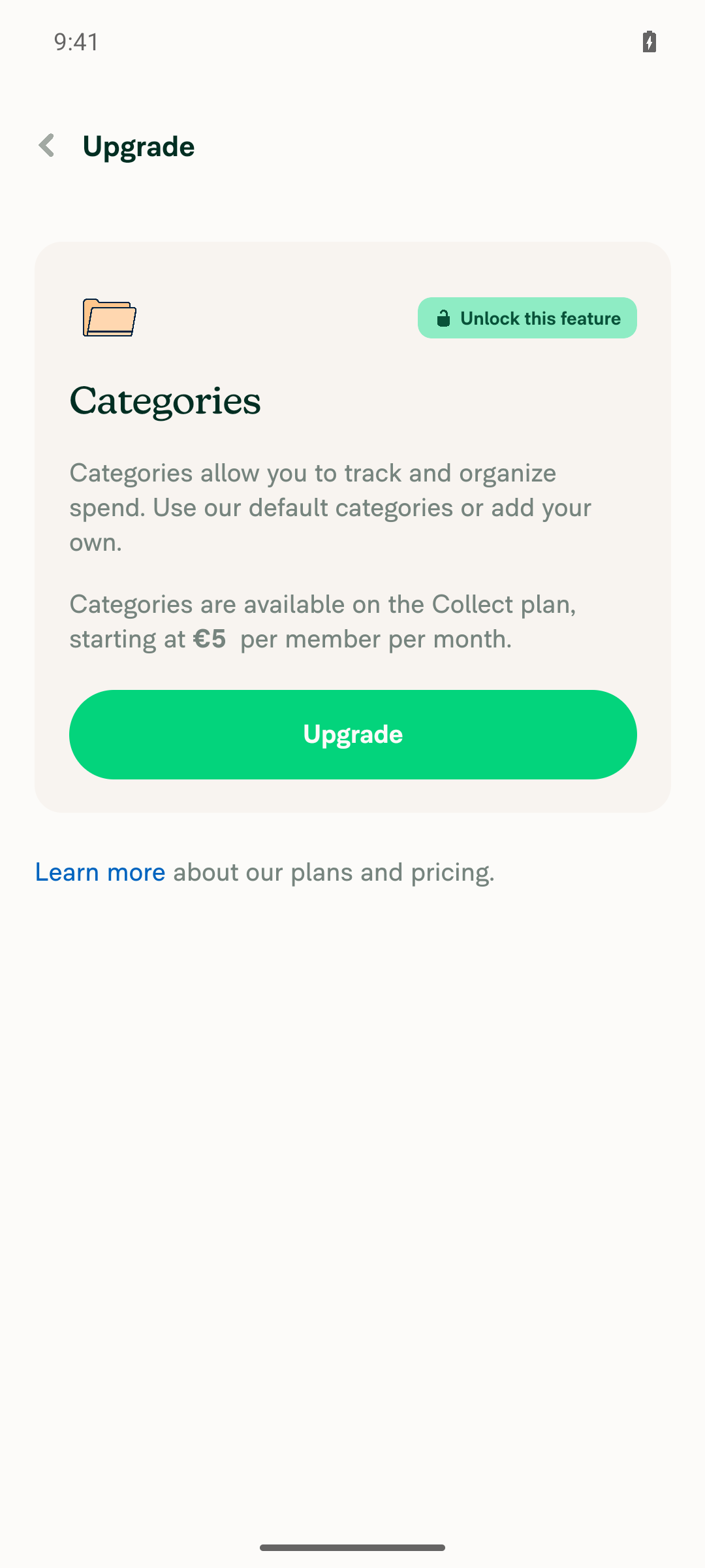 Category field shows Collect-plan upsell (personal space plan limitation)