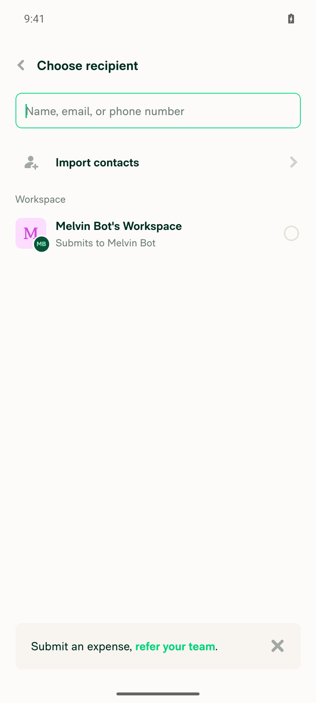 Choose recipient screen opened after tapping Send to someone