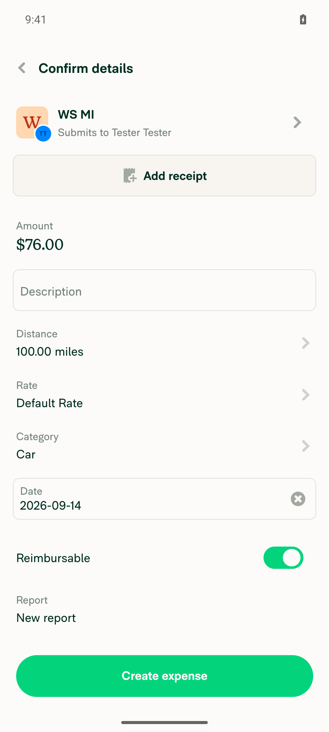 Confirm details page after switching to WS MI showing Distance 100.00 miles