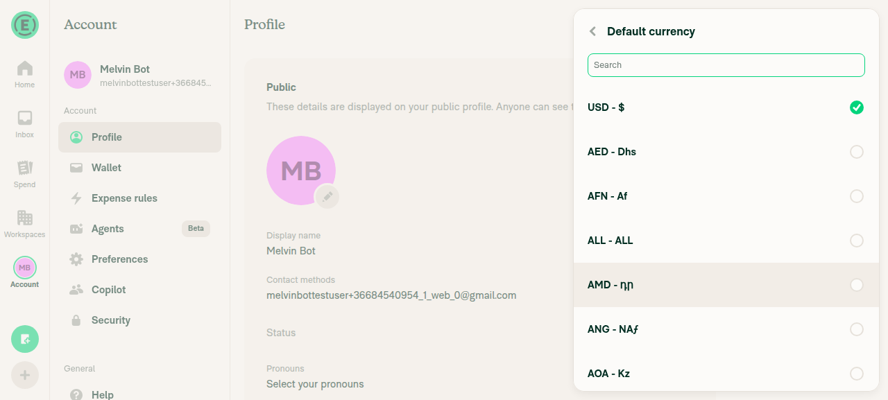 Currency selector opened from Confirm Workspace page