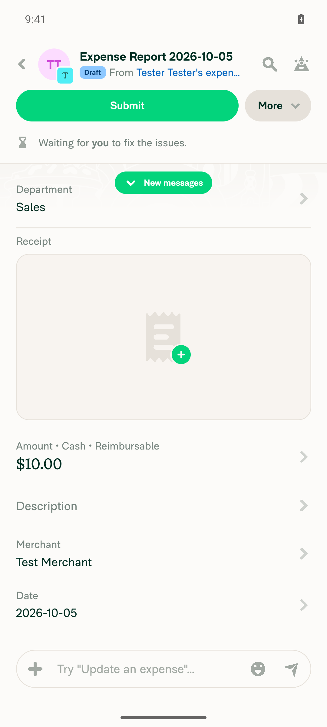Department field shows Sales and is selectable on the expense report