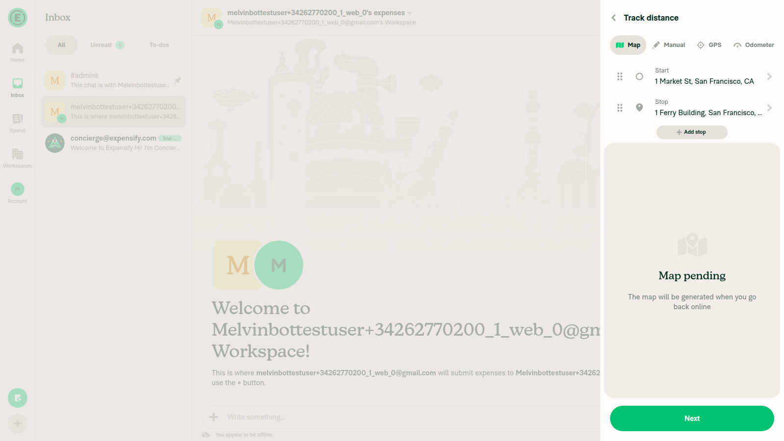 Start and Stop waypoints entered offline