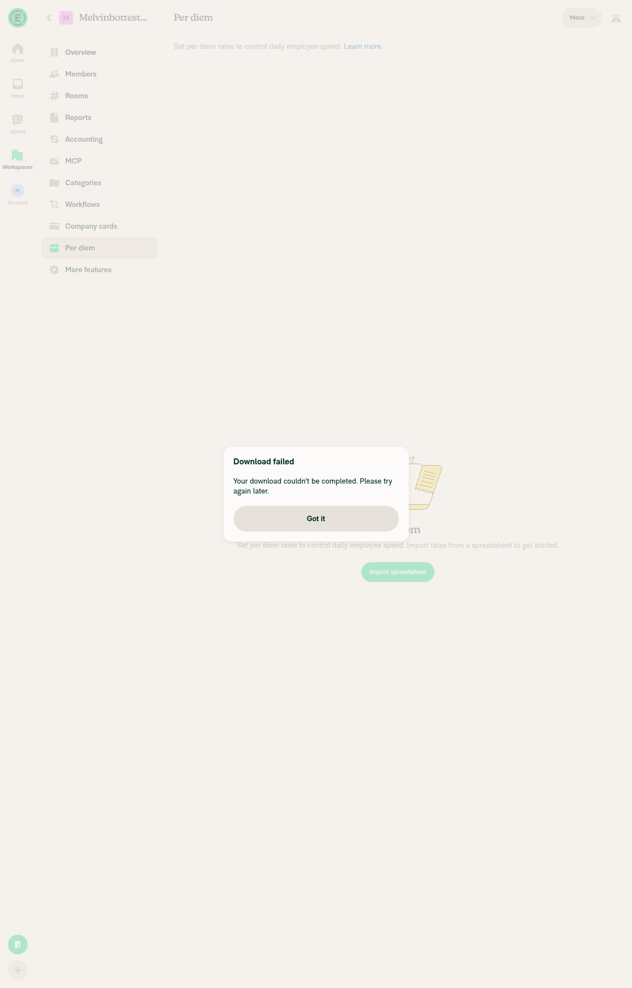 Download failed modal after clicking Download CSV