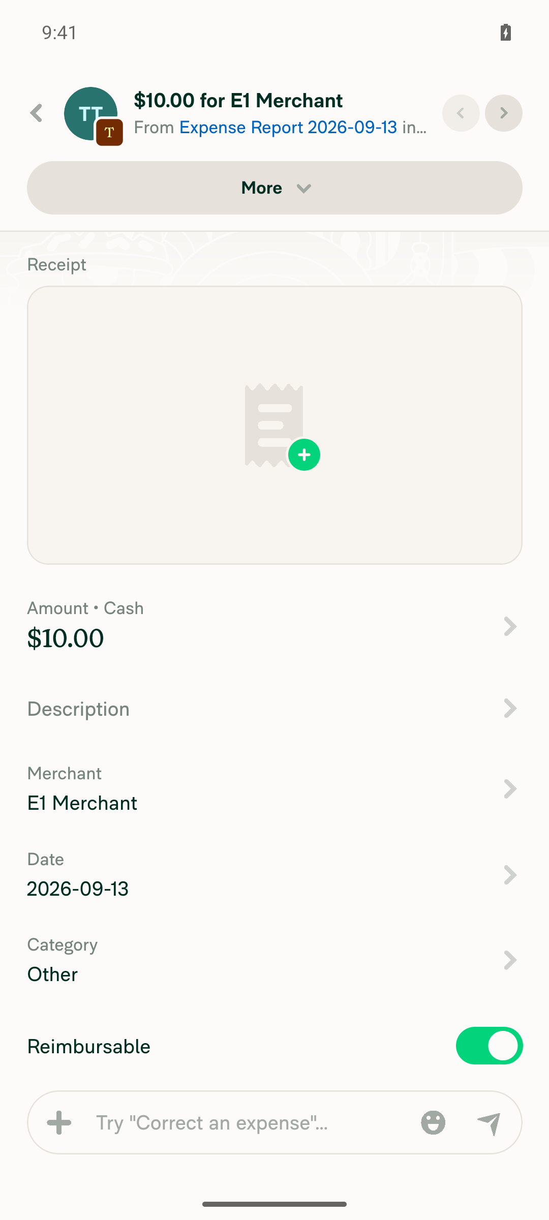 E1 transaction thread screen, header $10.00 for E1 Merchant