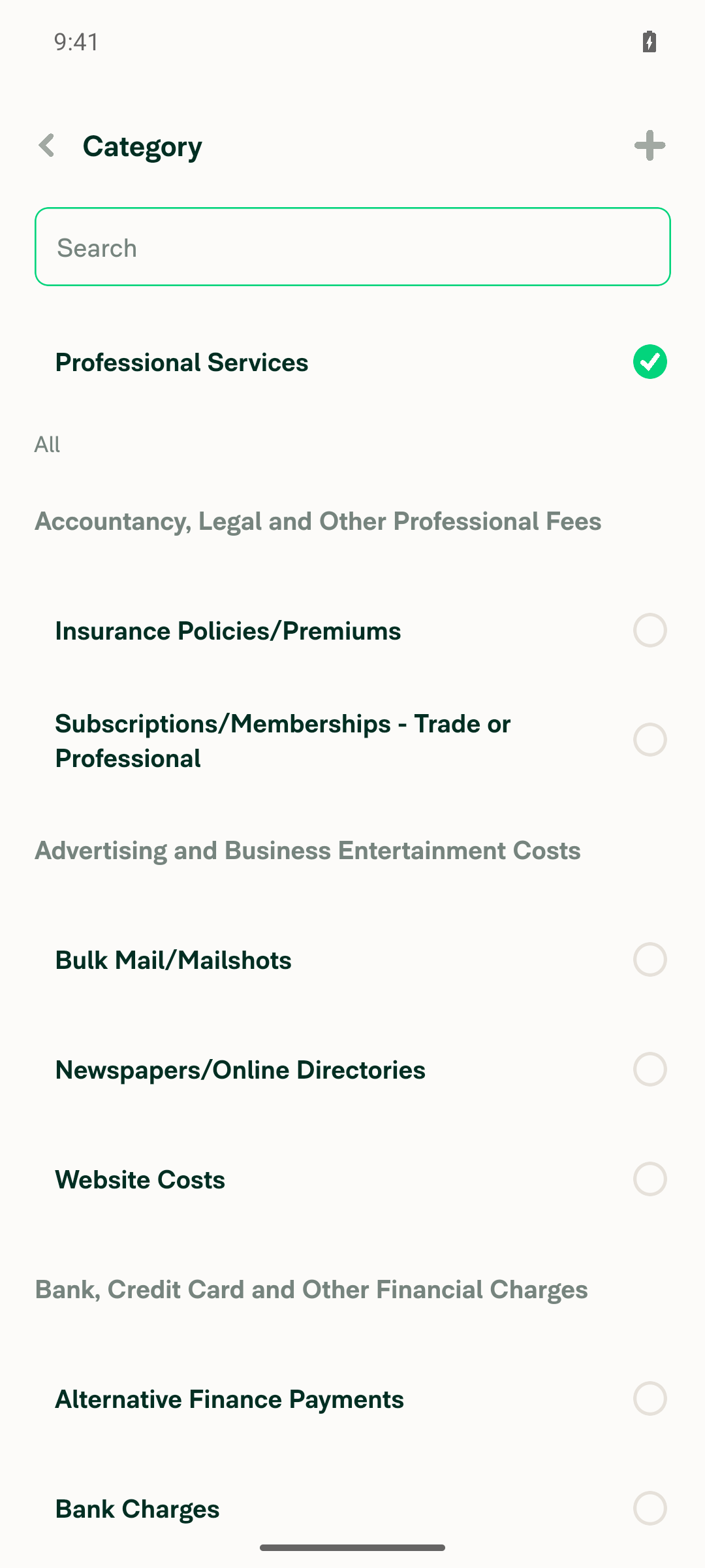 Category picker showing full list plus selected category on reopened/persisted expense