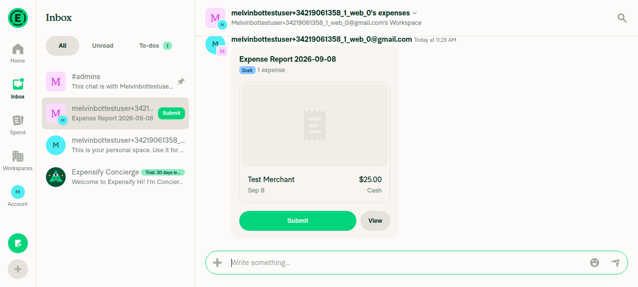 Expense report created and bound to the actual workspace, not None