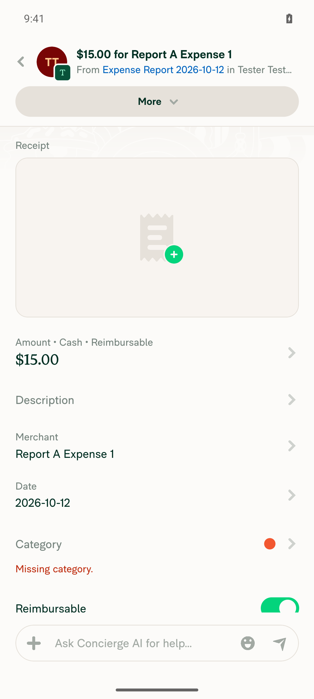 Expense opened from table view
