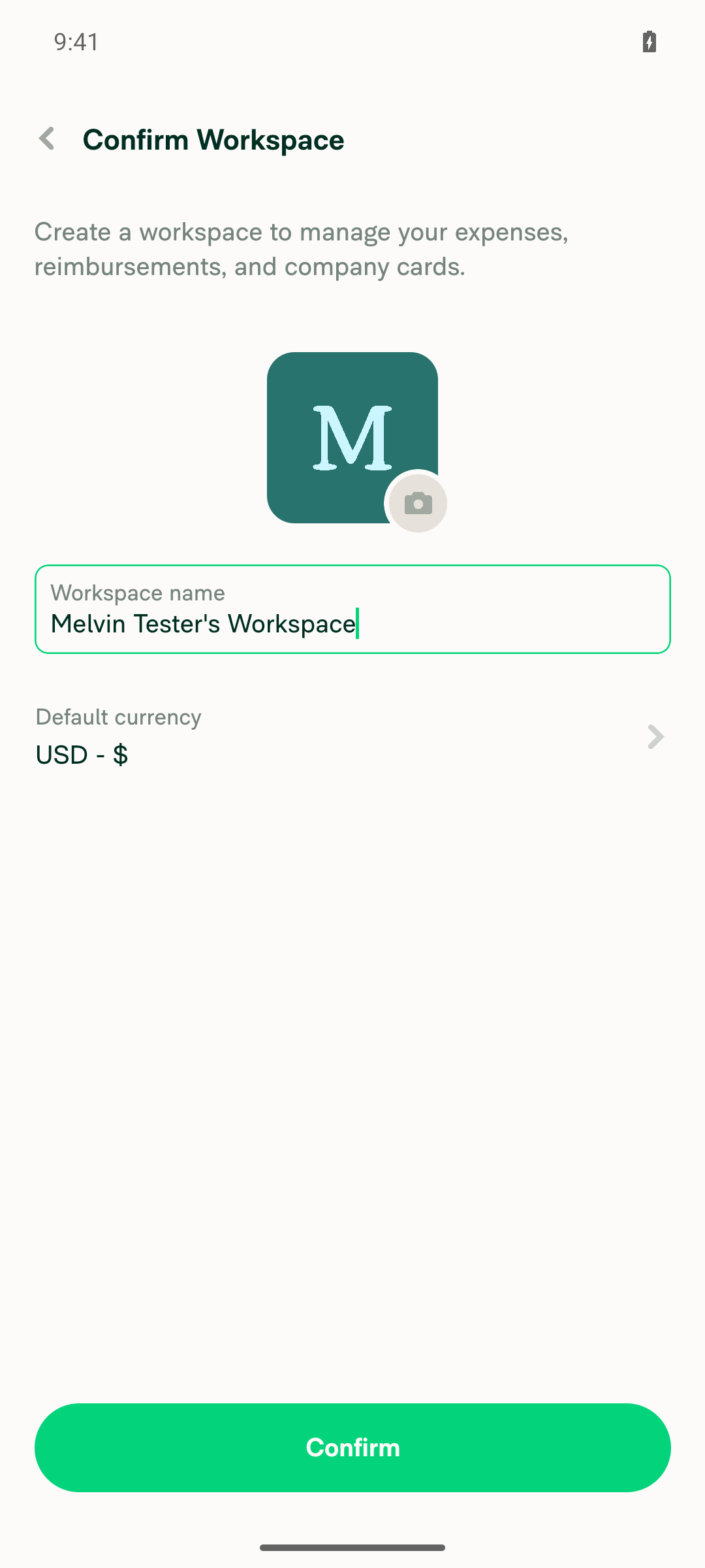 Confirm Workspace page opened from the Inbox tab via FAB > New workspace