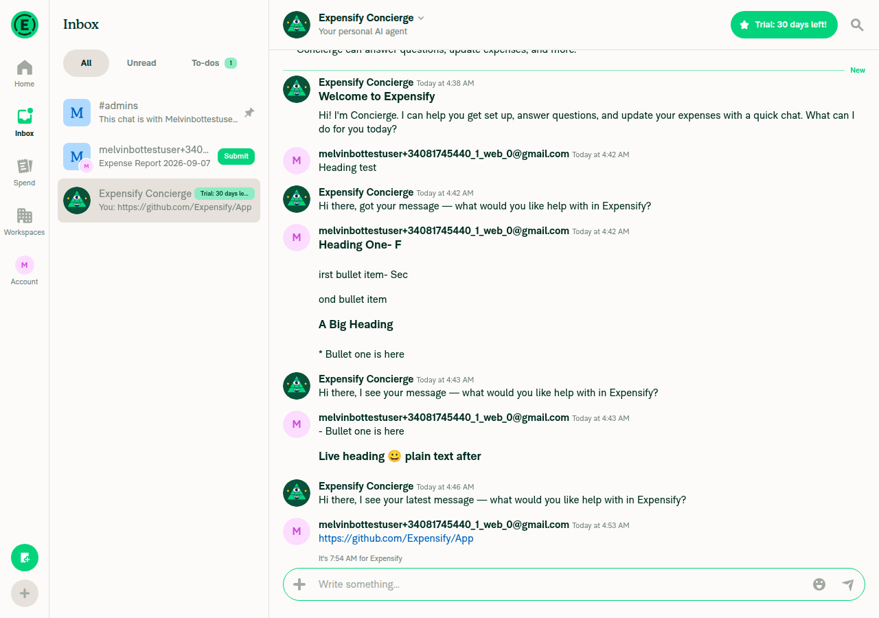Concierge chat with pasted GitHub URL rendered as a plain link, no unfurl card