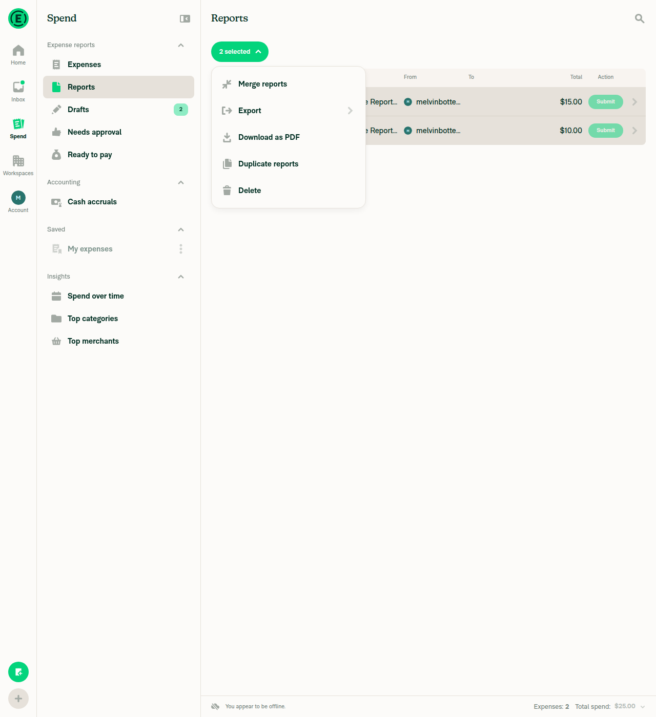 Bulk-action dropdown showing Merge reports option with 2 reports selected