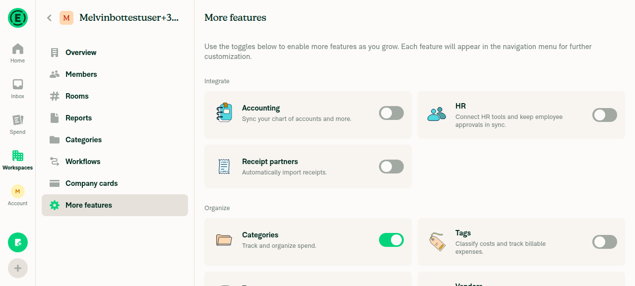 More features page with the Workflows left-nav item visible