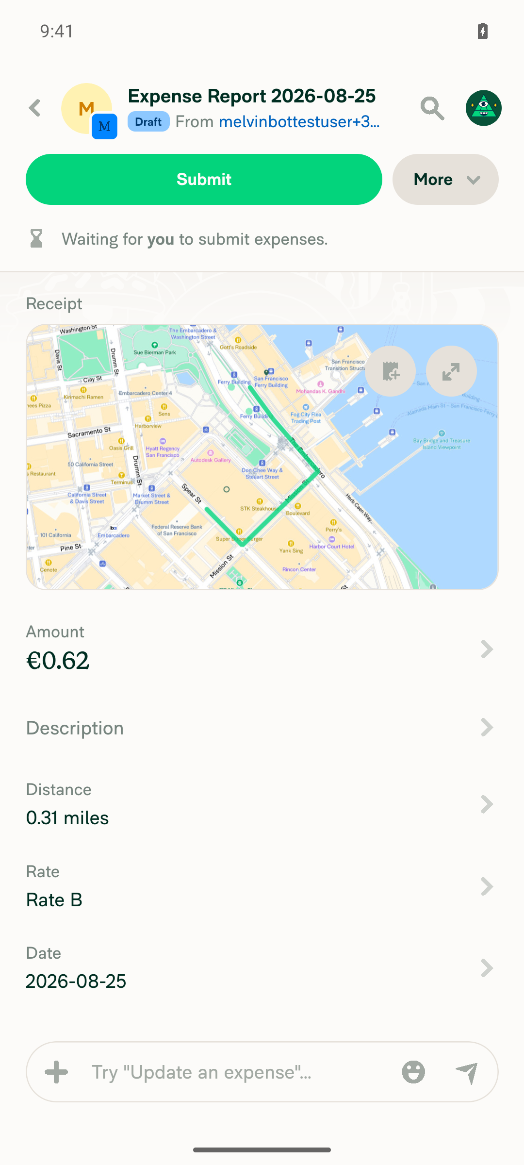 Expense detail view after editing rate to Rate B