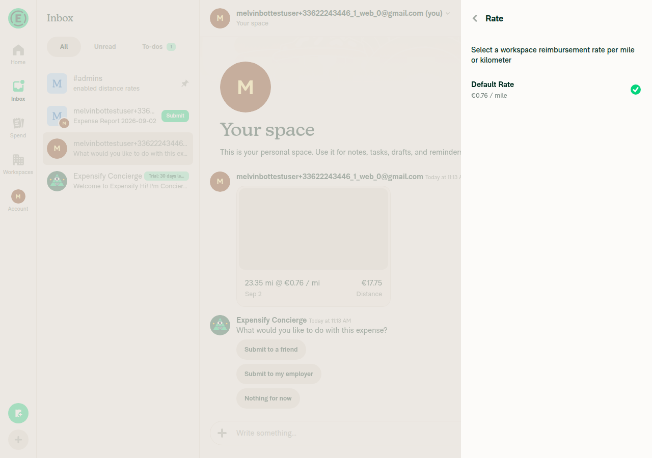 Rate row opens the workspace rate selector