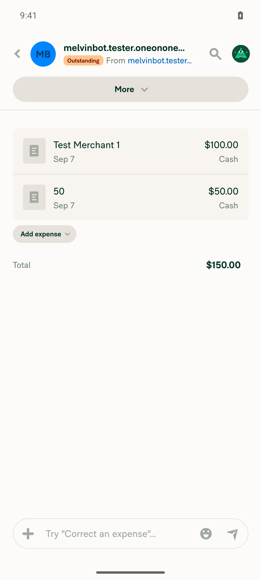 IOU report details page with both expenses and Total $150.00