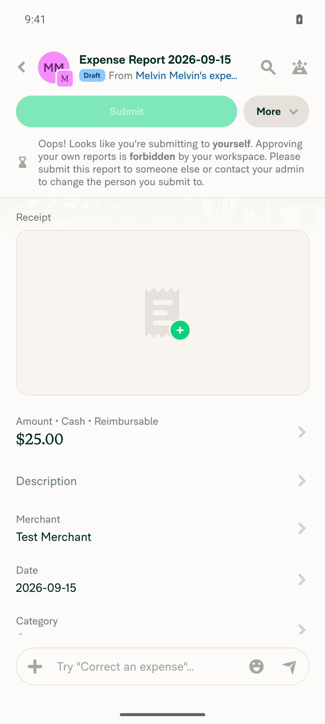 Disabled header Submit button with self-approval-forbidden explanation