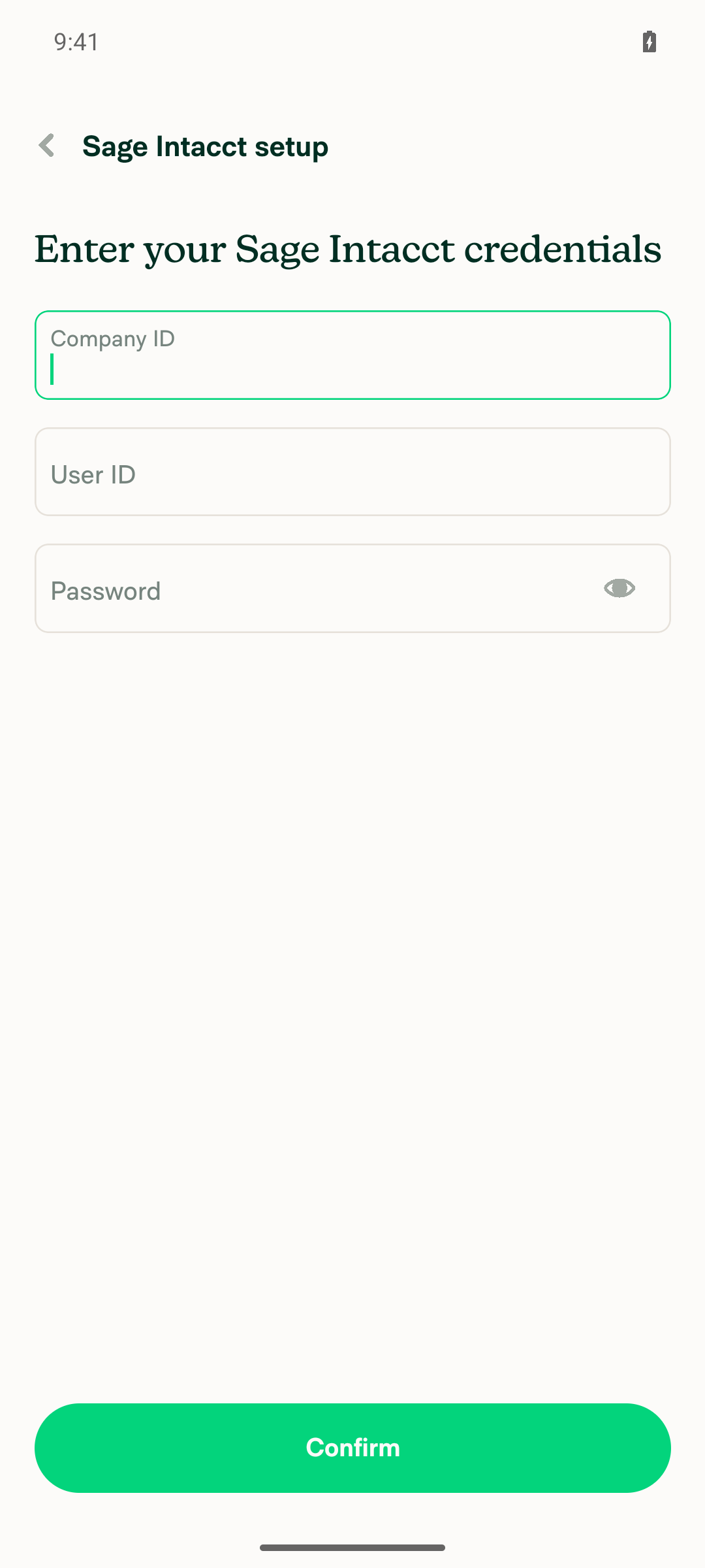 Sage Intacct credentials entry (Company ID / User ID / Password) after upgrading the trial workspace to Control