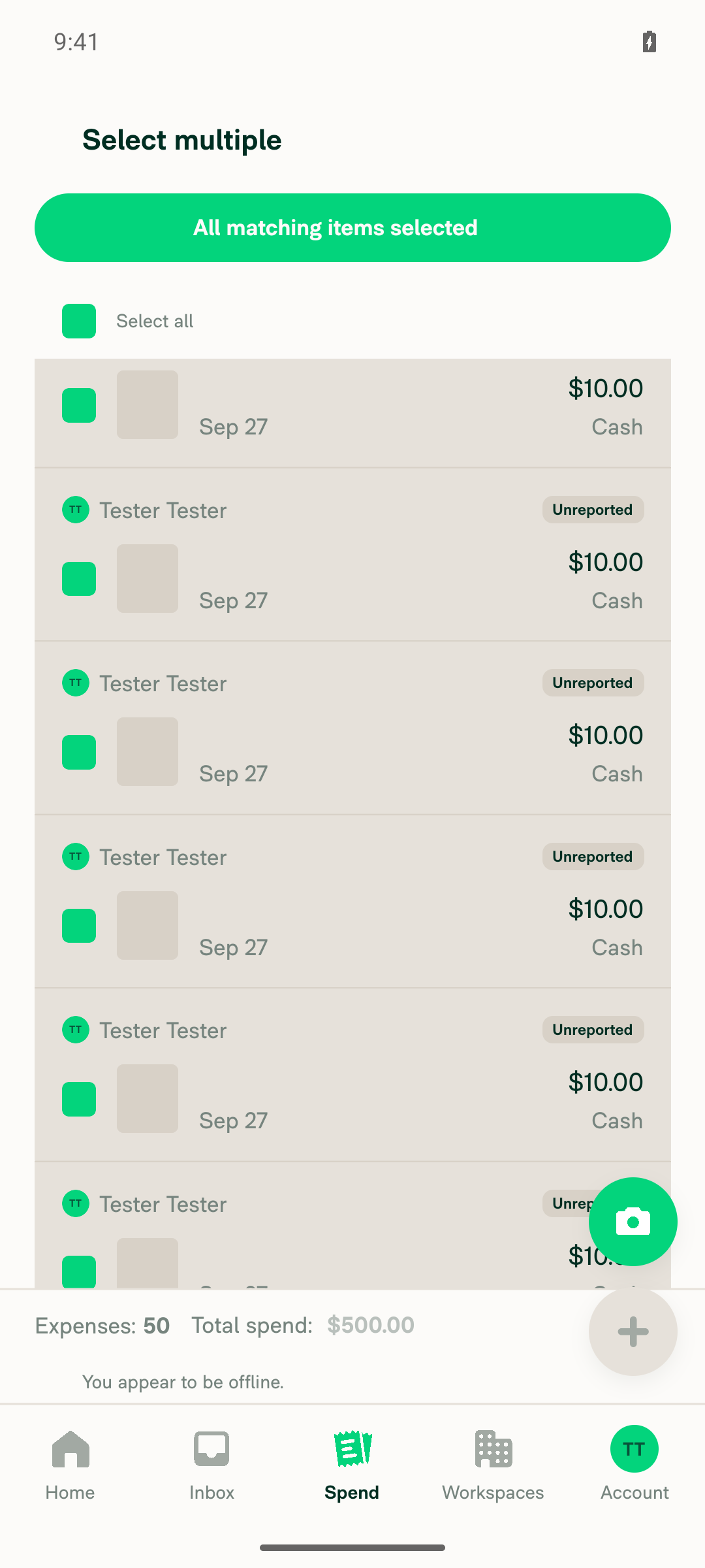 Footer visible for All matching items selected while offline