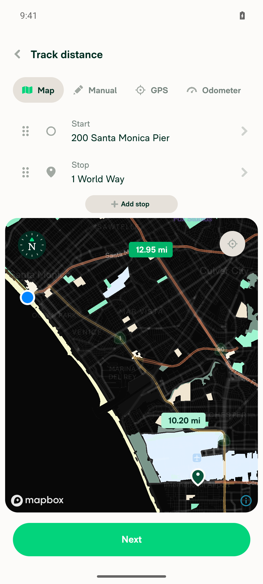 Map with start and stop waypoints set and a 12.95 mi route drawn