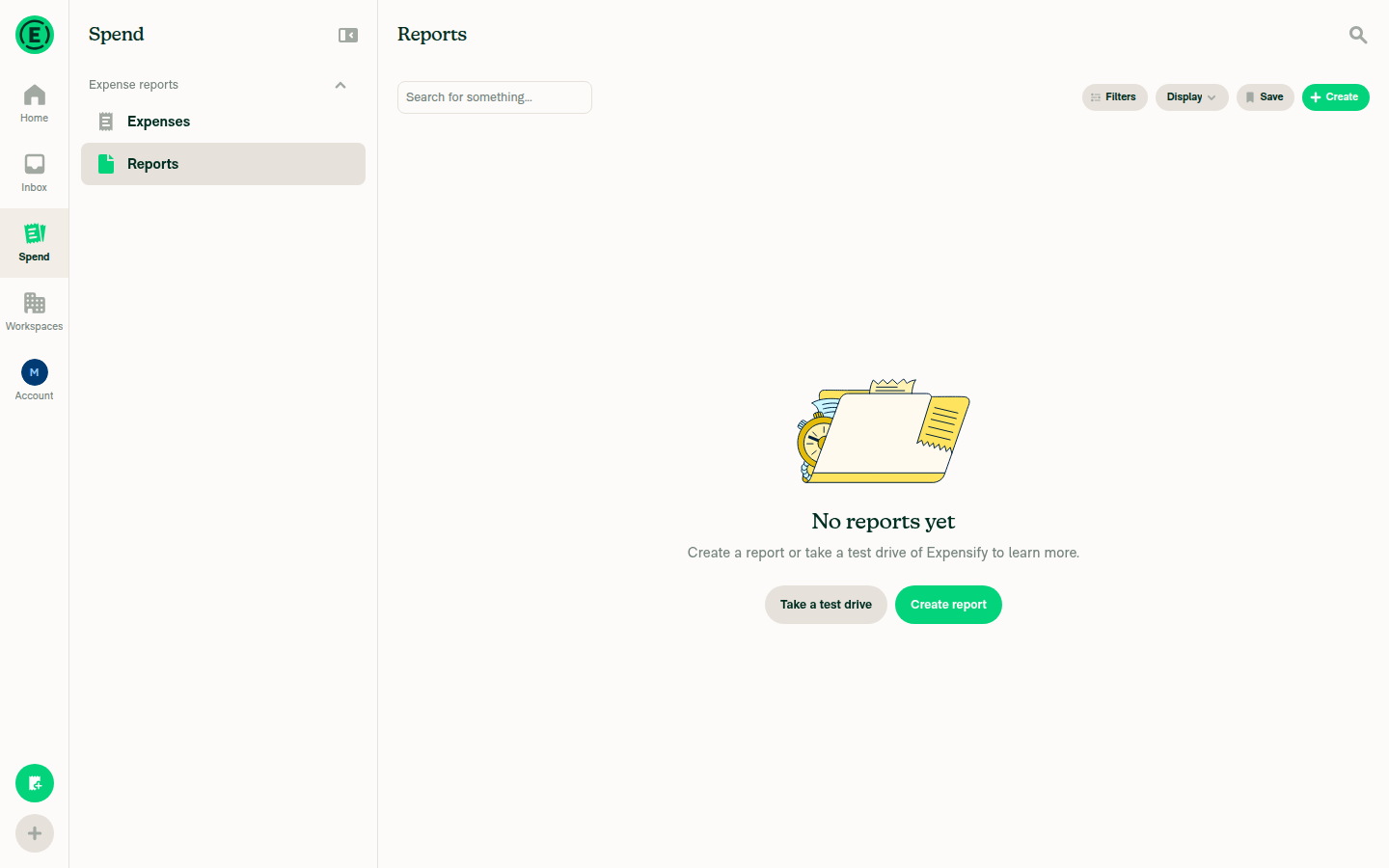 Spend sidebar showing only Expense reports (Expenses, Reports) - no Reconciliation section
